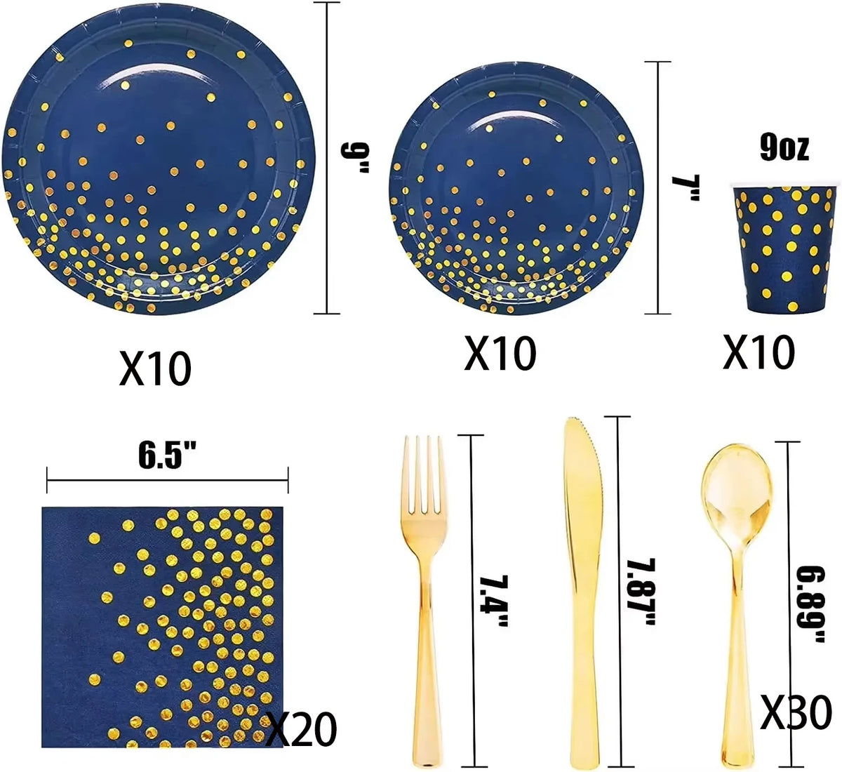 vaisselle jetable moderne assiettes bleu marine fourchette cuillère nappe dorée points festif