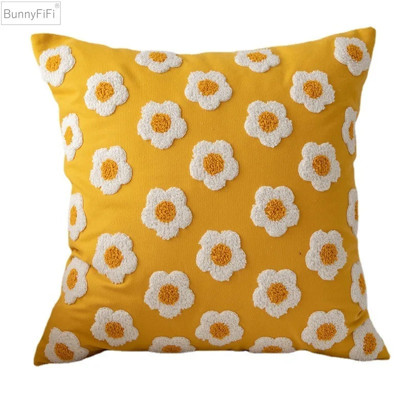 housse coussin brodée fleur marguerite polyester coton blanc jaune décorative salon voiture 30x50cm zip