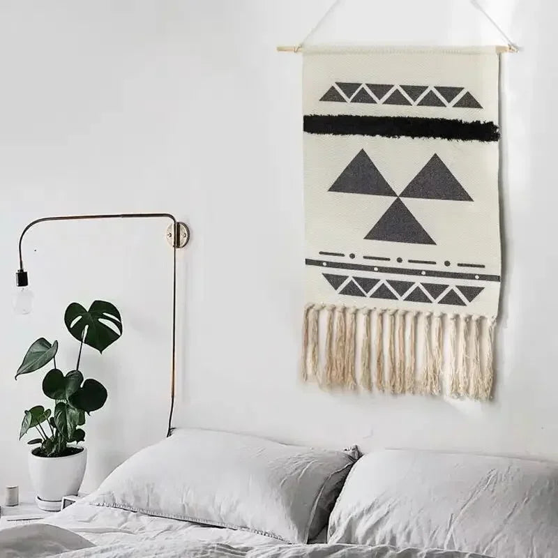 tapis suspendus géométrique franges moderne beige rose bleu vert noir gris