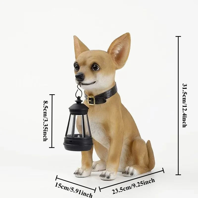 statue chihuahua résine animaux compagnie patio jardin extérieur lumières led lanterne transparente collier boucle
