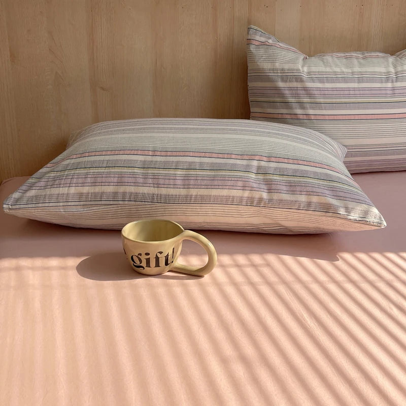 lot taies d'oreiller coton rayures rose clair modernes minimalistes douces lit maison