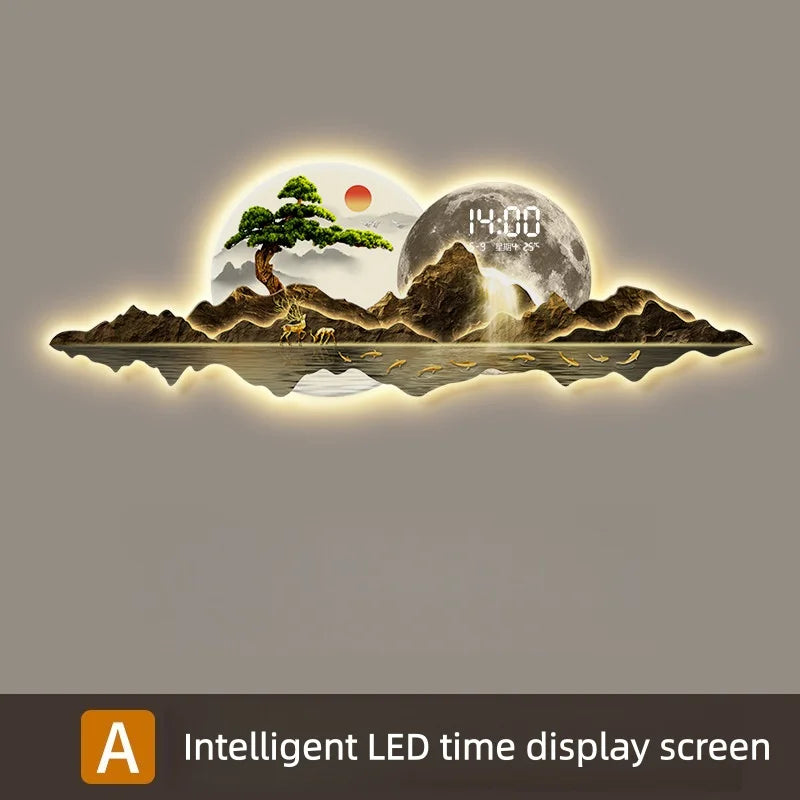 horloge murale led moderne horloges numériques cadran lumineux montagnes arbre soleil lune