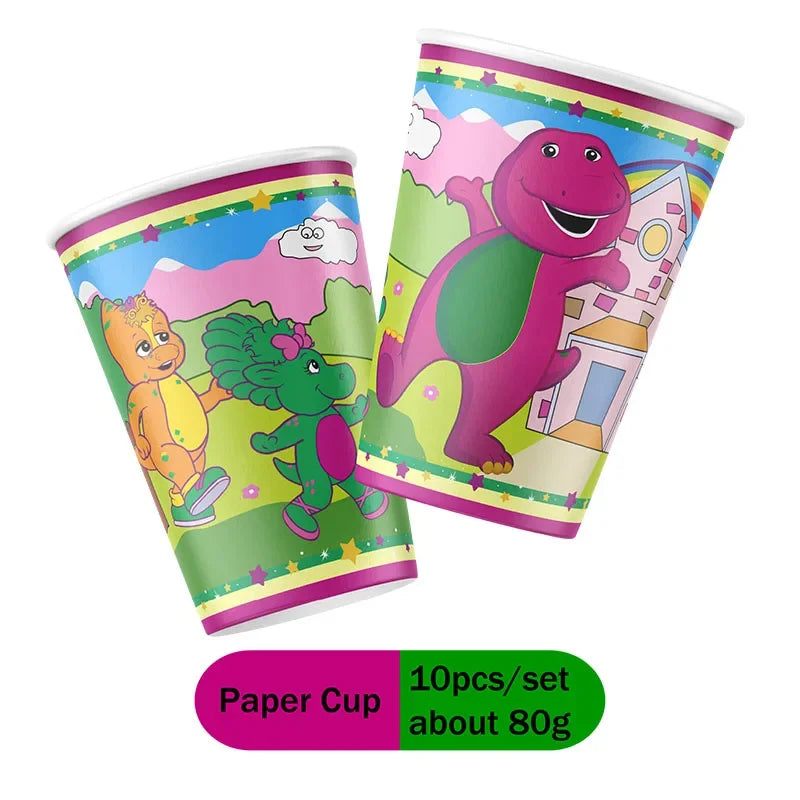 ballons dessins animés assiettes gobelets bannières anniversaire barney arc ciel nuages pois multicolores enfants