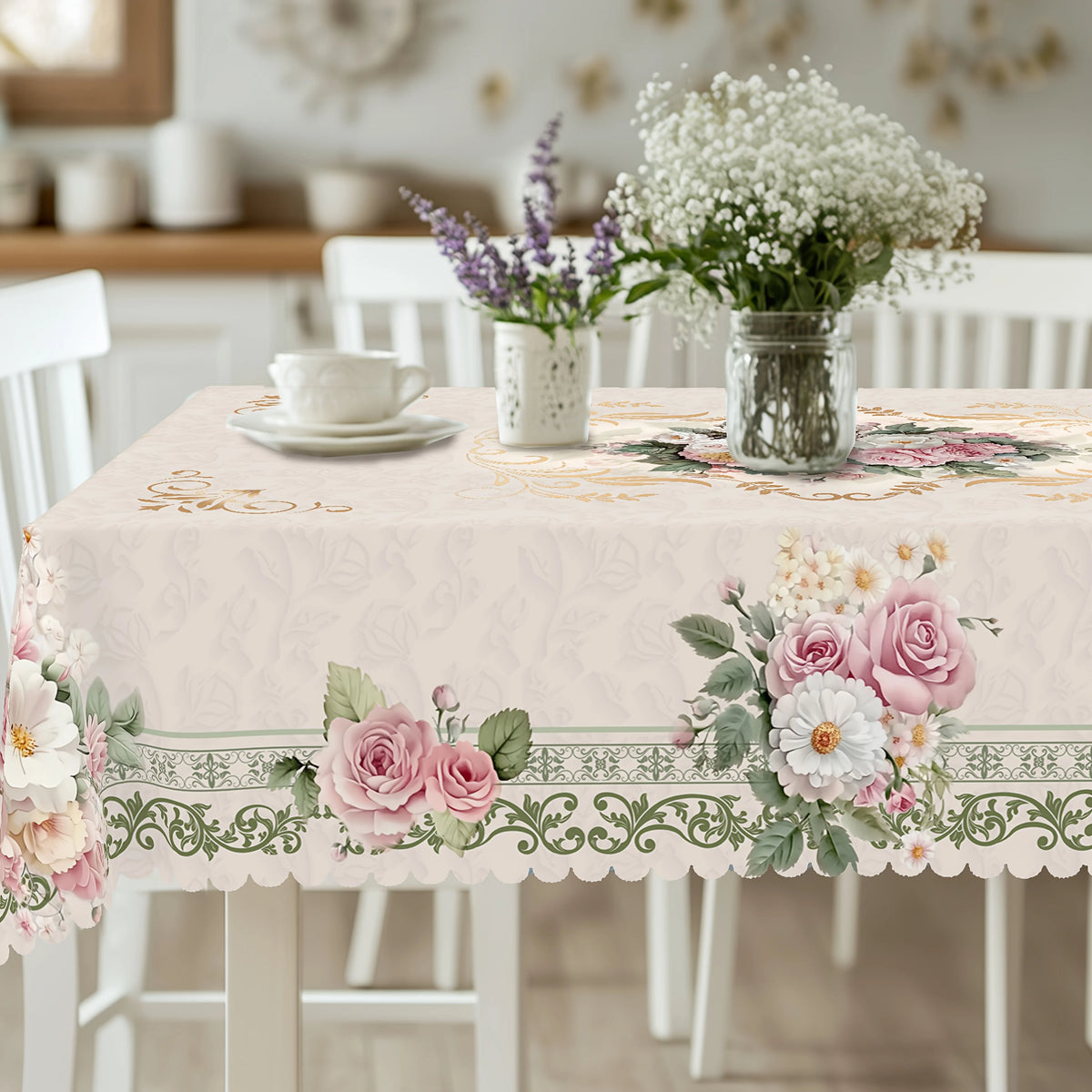 nappe table fleurs roses pivoines feuillage classique beige doré romantique polyester moderne