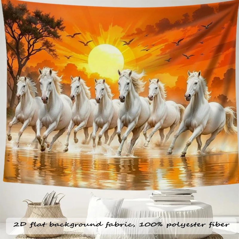 tapisserie murale chevaux blancs coucher soleil plage art impressionniste oiseaux volants arbre dimension