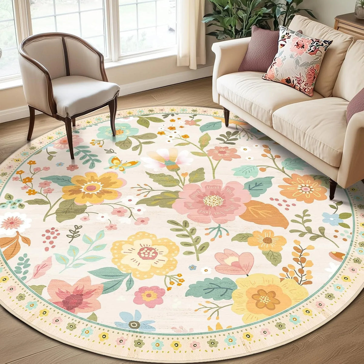 tapis rond moderne fleurs colorées motifs floraux salon beige rose violet