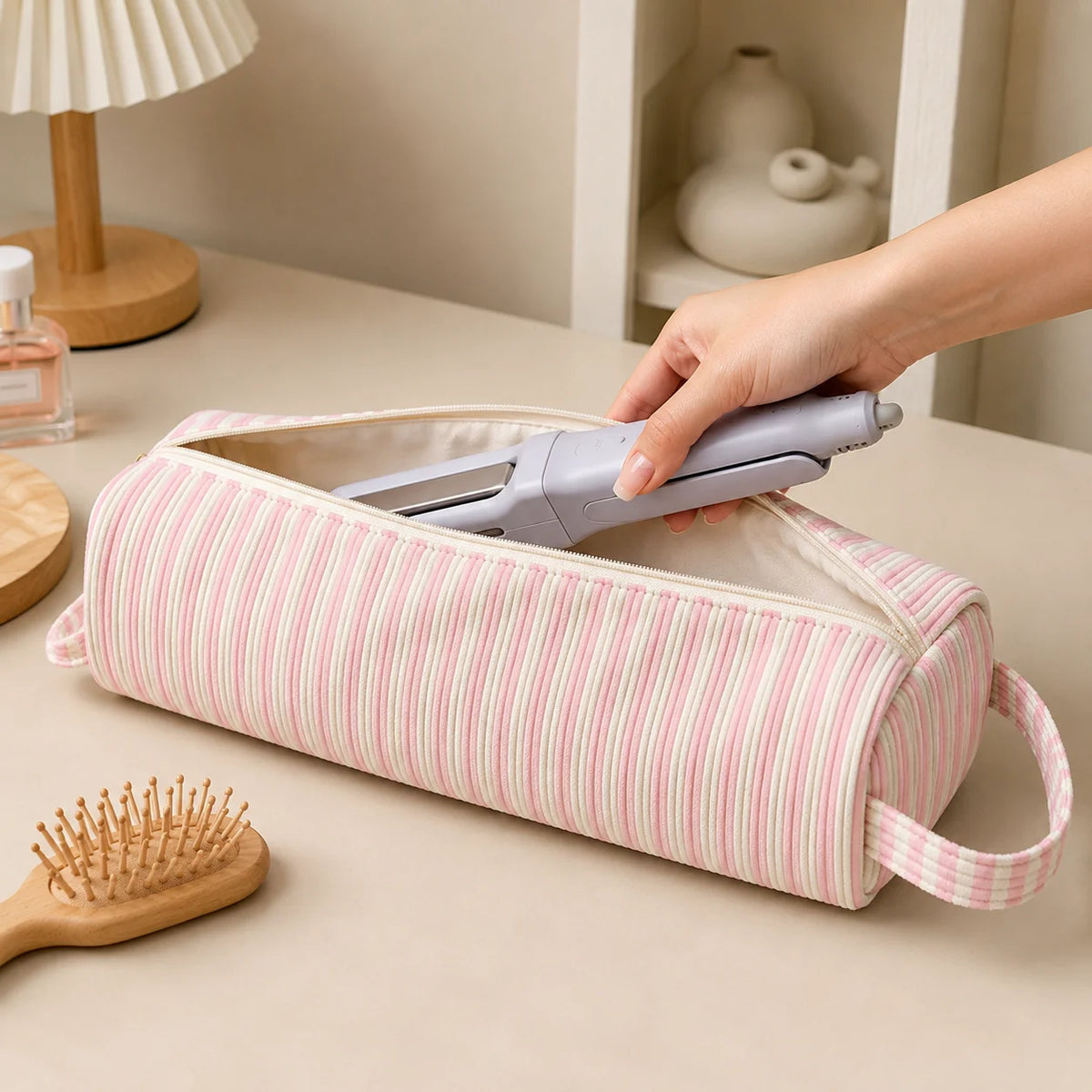 sac rangement outils coiffure rose rayures horizontales moderne voyage étanche velours côtelé doux brosse