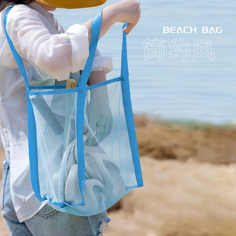 sac plage bleu clair vert clair rose jaune fluo maille réutilisable respectueux environnement pliable