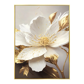 toile d'art moderne élégante fleur blanche feuilles dorées abstraction sans cadre chambre salon decoration