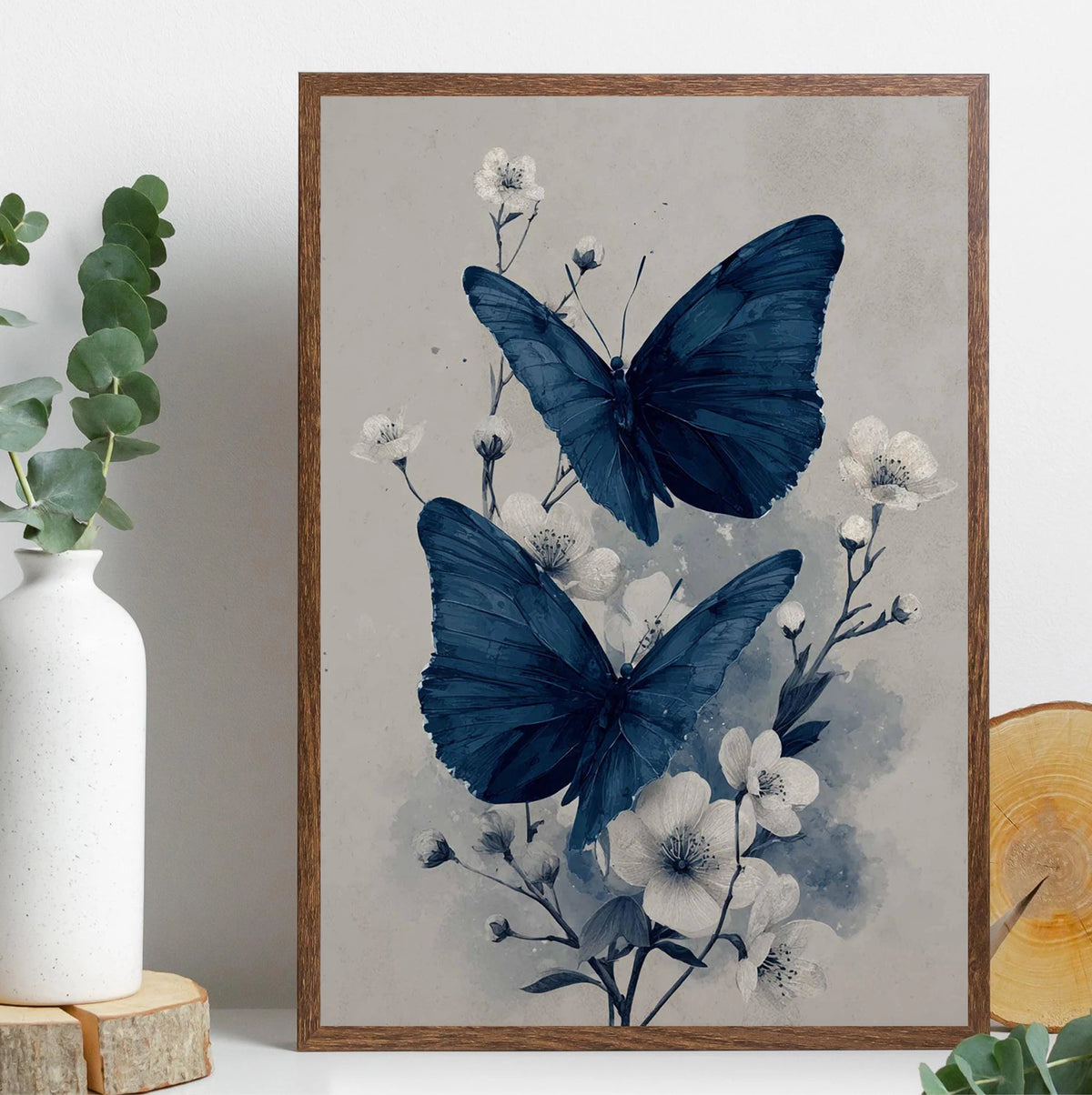 toile d'art moderne papillons bleus branches fleuries naturel bleu marine blanc gris decoration maison