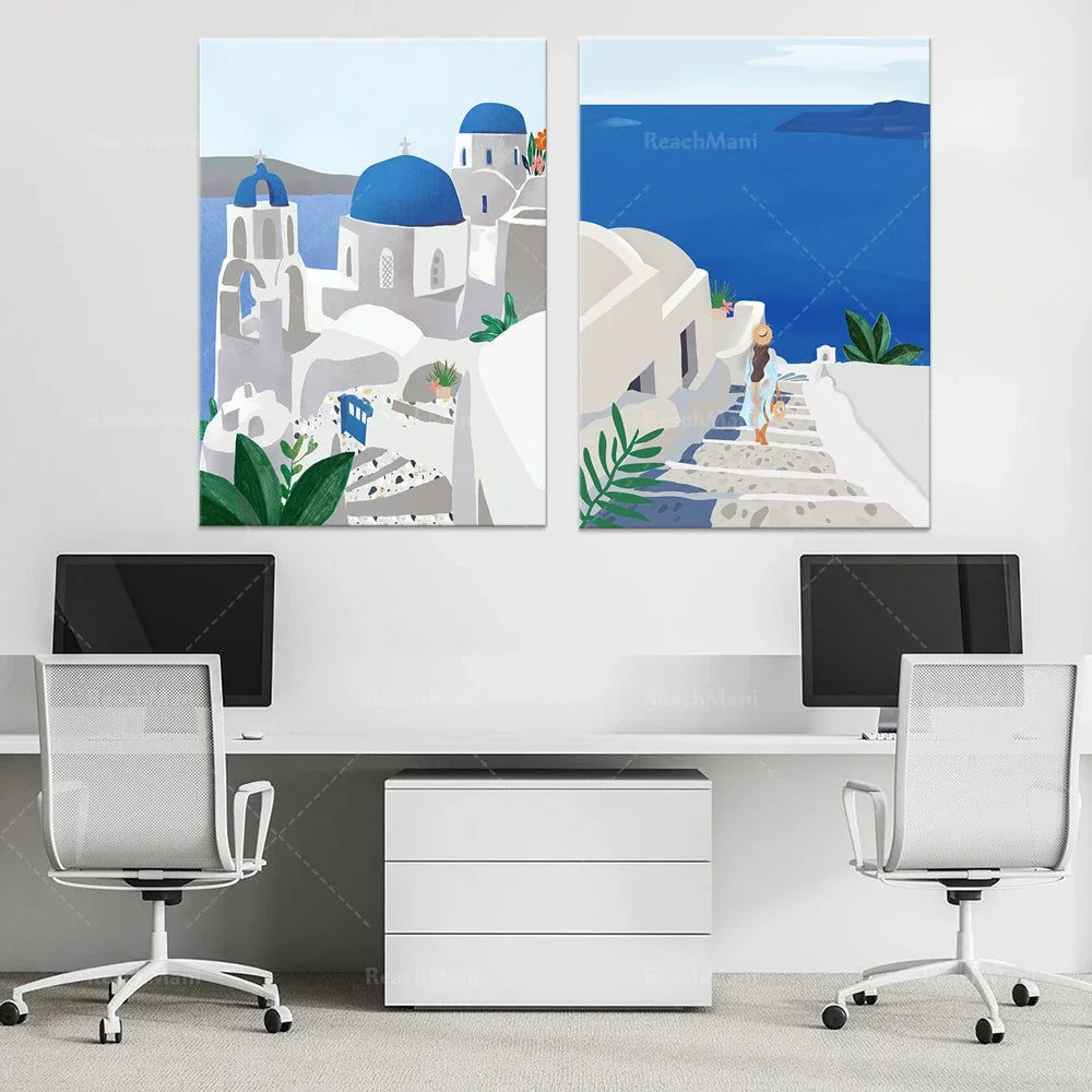 Une représentation graphique idyllique d'un paysage grec avec des églises aux dômes bleus, des escaliers blancs et une vue panoramique sur la mer.