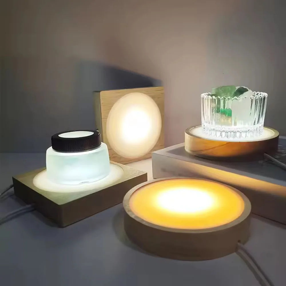 lampe décorative moderne transparente motifs floraux base bois câble usb blanc beige vertclair