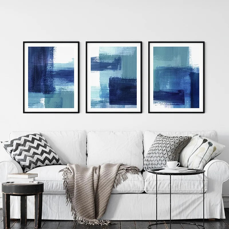 toile d'art abstraite contemporaine bleu gris blanche peinture aquarelle minimaliste sans cadre
