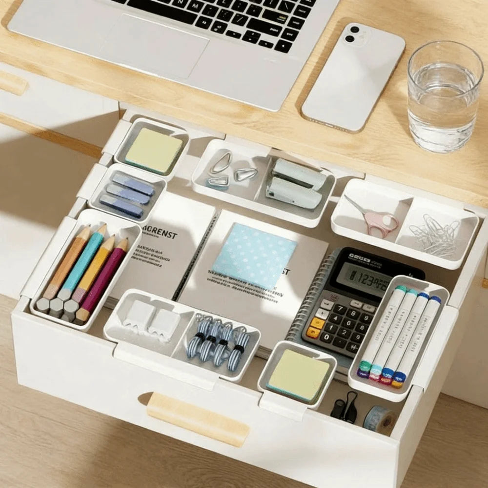 boîtes rangement tiroir compartiments blanc modernes organisation cuisine assiettes cuillères outils cosmétiques porte clés