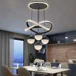suspension lumineuse moderne or noir anneaux boules translucides led clips