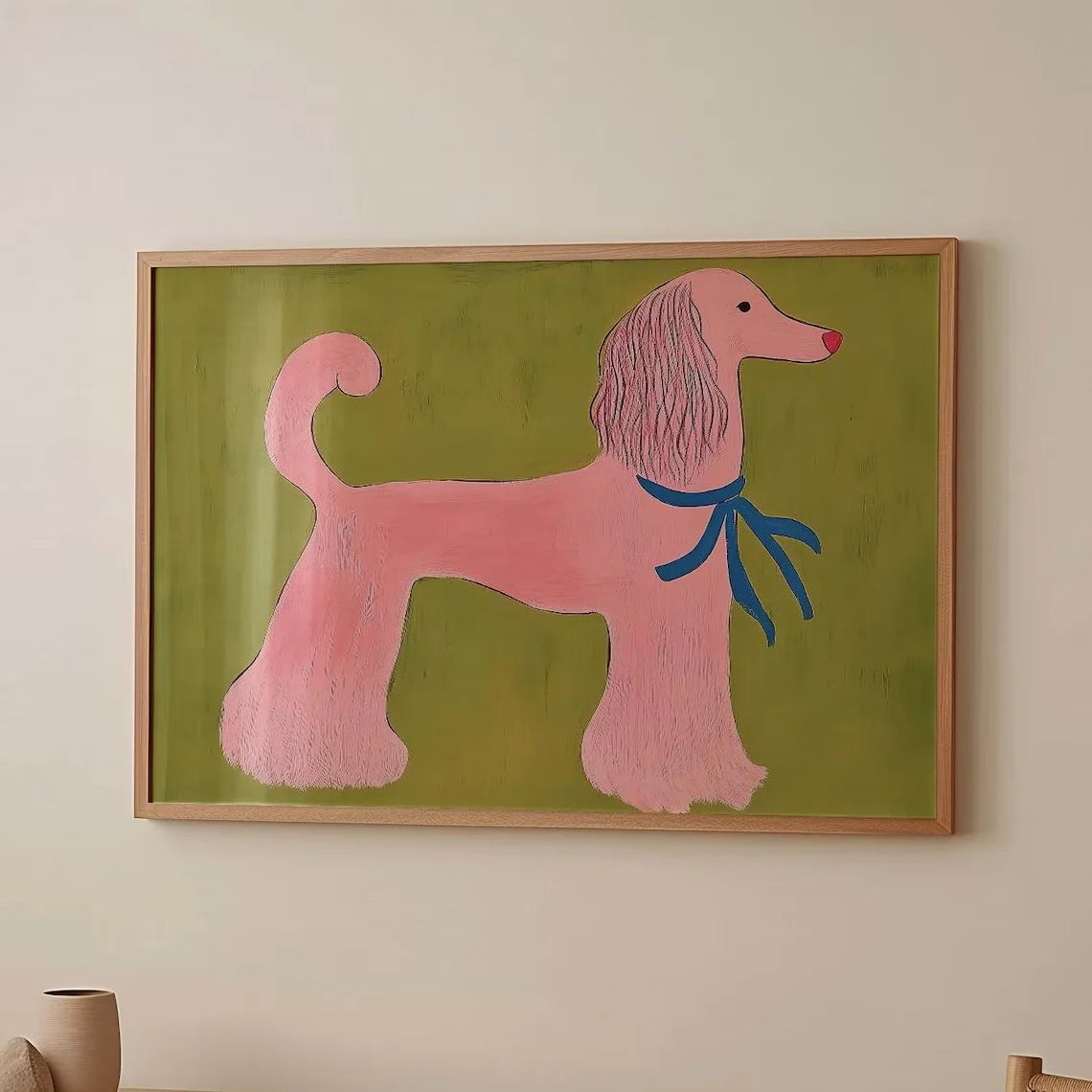 tableau mural chien stylisé rose moderne décoration animaux compagnie verte bleue chambre enfants