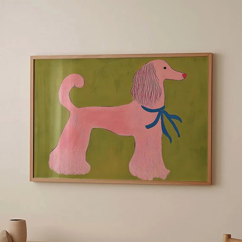 tableau mural chien stylisé rose moderne décoration animaux compagnie verte bleue chambre enfants