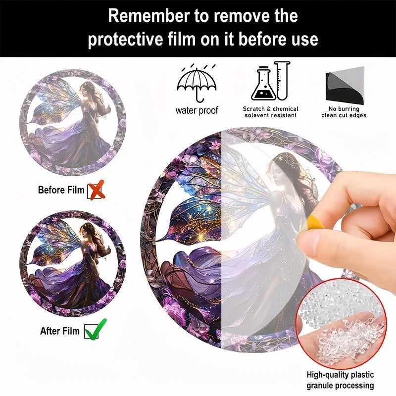 cadre circulaire boho violet noir doré fleurs papillons étoiles opalescent elfes suspension 20cm