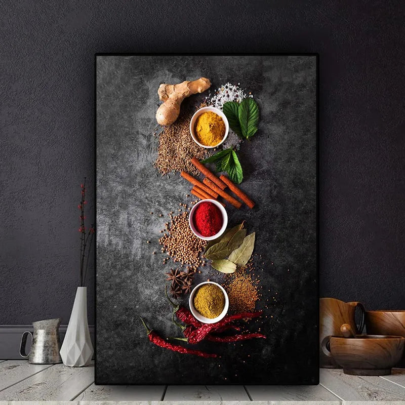 décoration murale art culinaire herbes épices condiments toile impression sans cadre vertical
