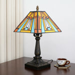 lampe table art déco vitrail couleur noir marron orange jaune bleu blanc motifs géométriques