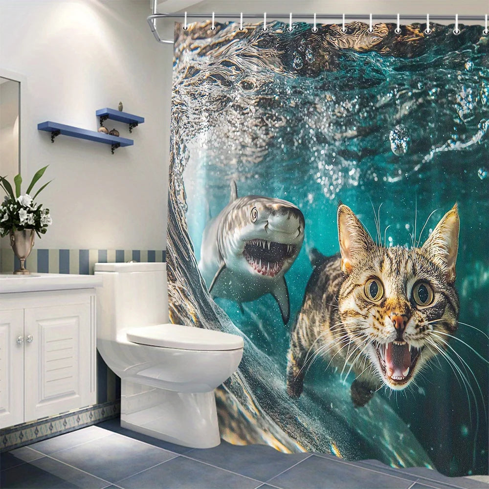 rideau douche moderne humoristique motif requin chat vague polyester opaque ensembles tailles variées