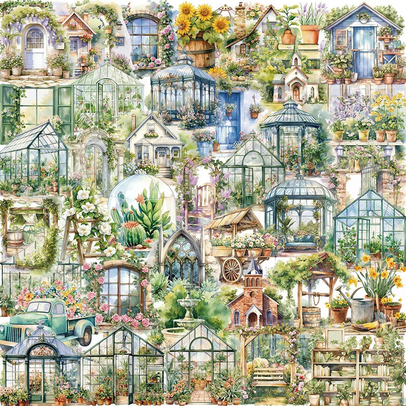 stickers adhésifs multicolores illustrations vintage jardins fleurs serres paysages DIY scrapbooking