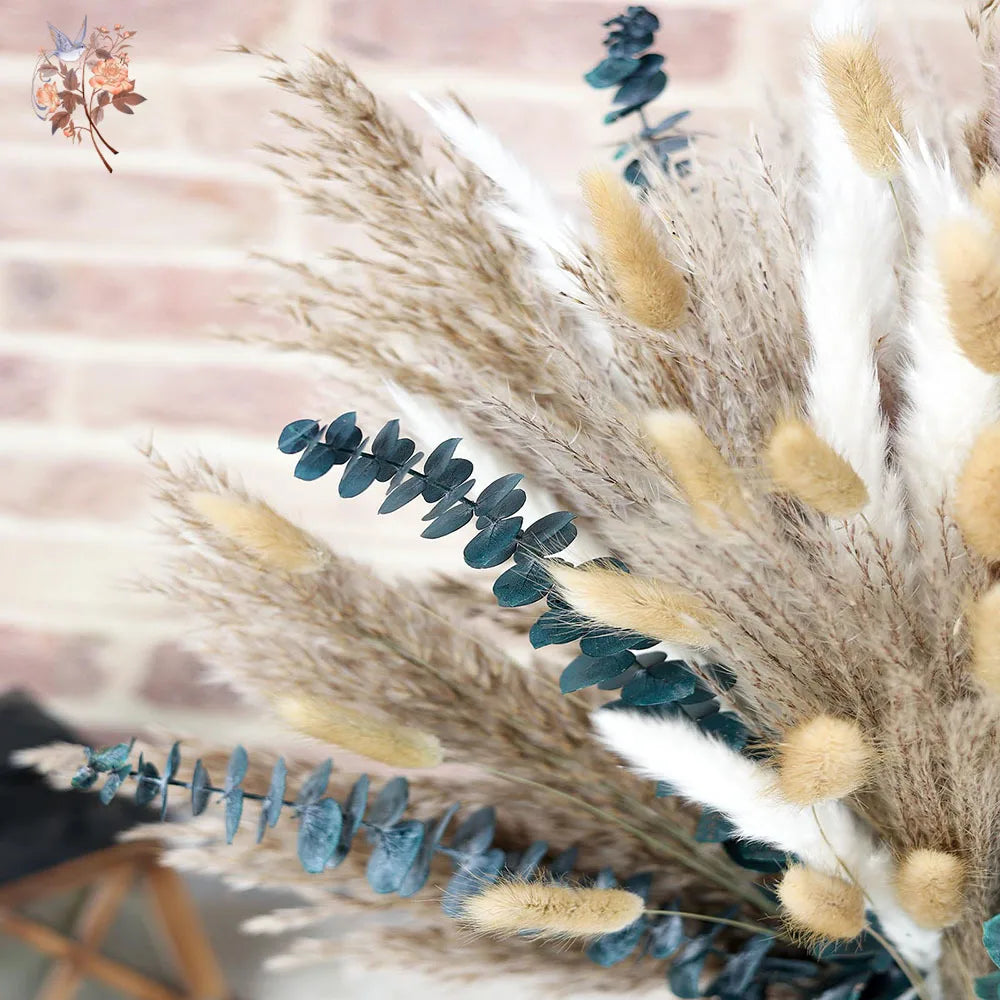 bouquet fleurs séchées eucalyptus roseau pampas beige blanc vert rustique décoration maison anniversaire mariage