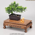 base bois sculpté rectangulaire statue moine plante artificielle bol décoratif marron foncé
