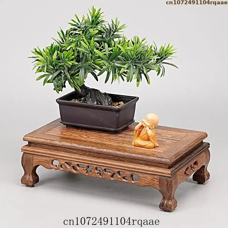base bois sculpté rectangulaire statue moine plante artificielle bol décoratif marron foncé
