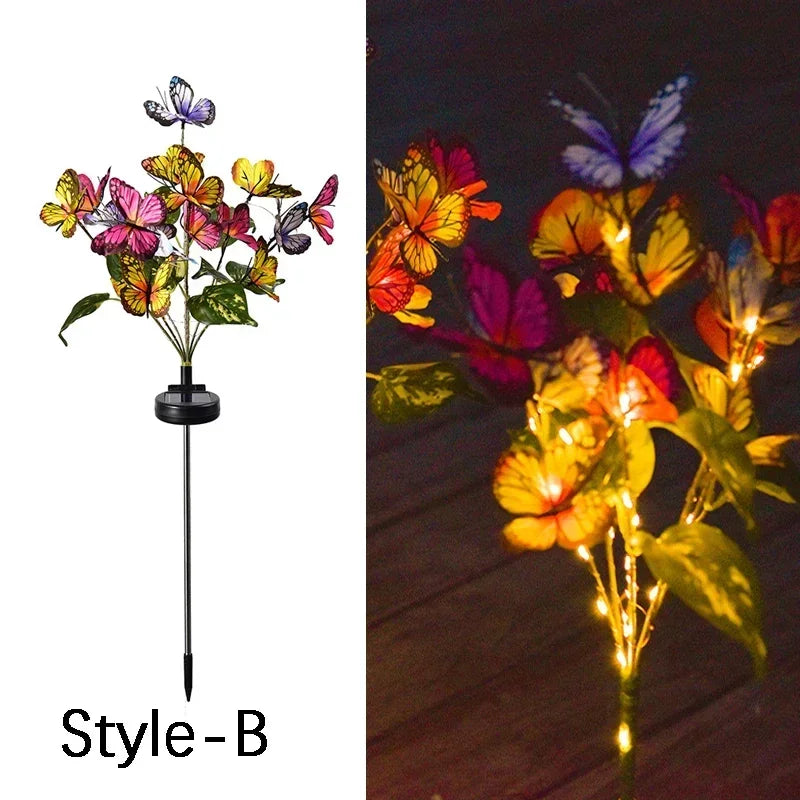 lumière solaire bouquet papillons colorés feuilles vertes moderne violet orange jaune
