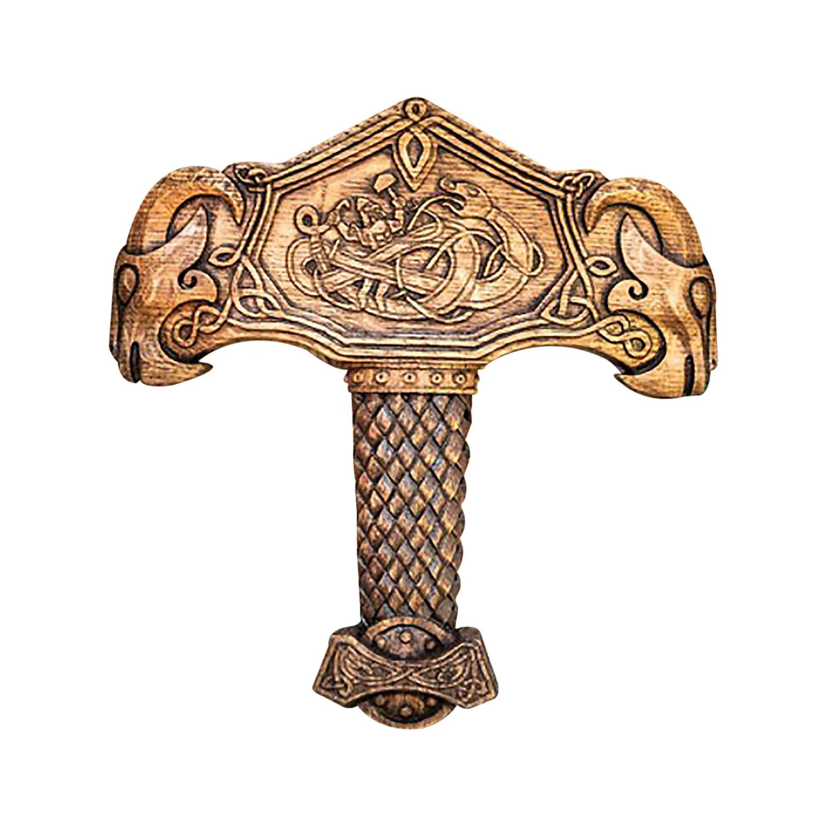ornement viking marteau mjolnir sculpture celtique decoratif nordique brun foncé motifs animaux char