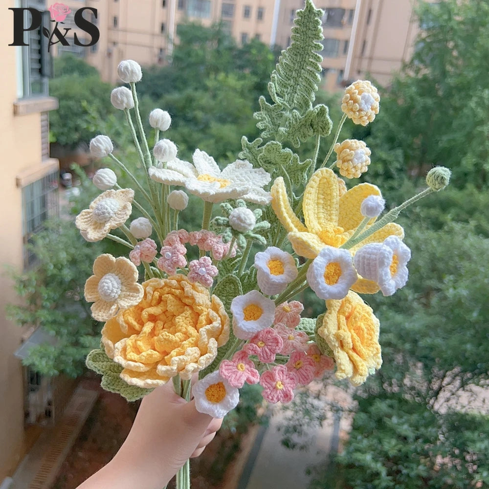bouquet fleurs artificielles tricotées pivoine blanc jaune vert maison decoration anniversaire mariage