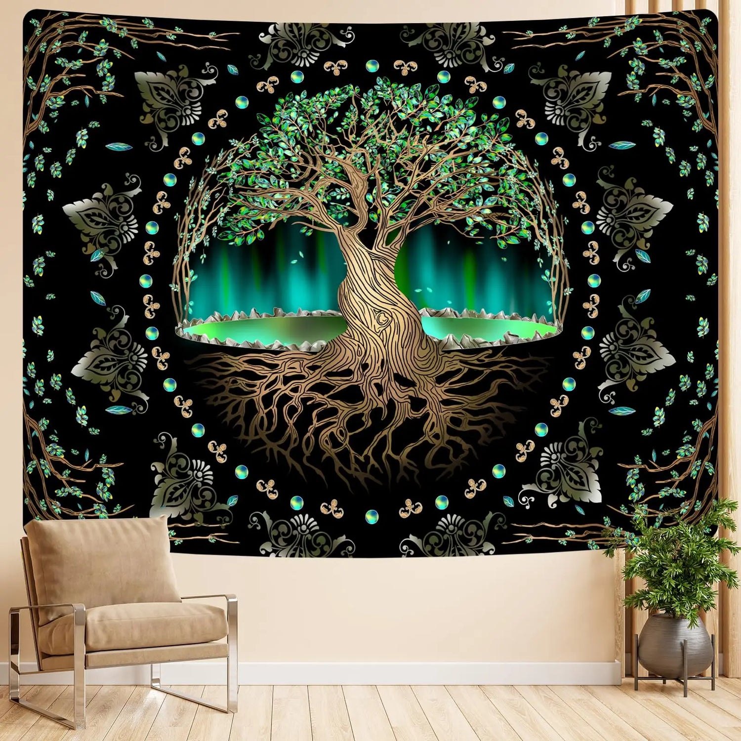 Tapisserie murale verte accrochée dans une chambre zen