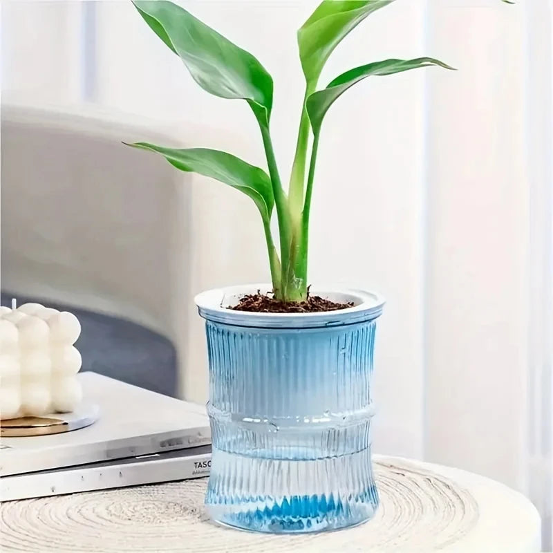 Pot plante moderne rayures verticales plante verte gris bleu rose