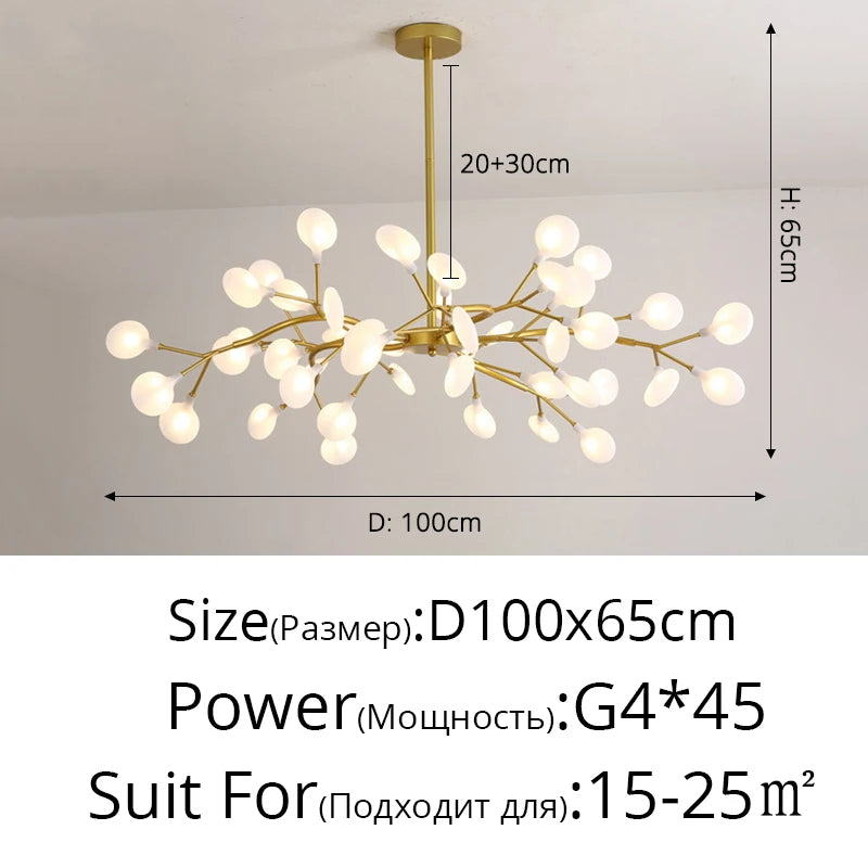 suspension lumineuse or blanc feuilles stylisées opalescente contemporaine 18 ampoules