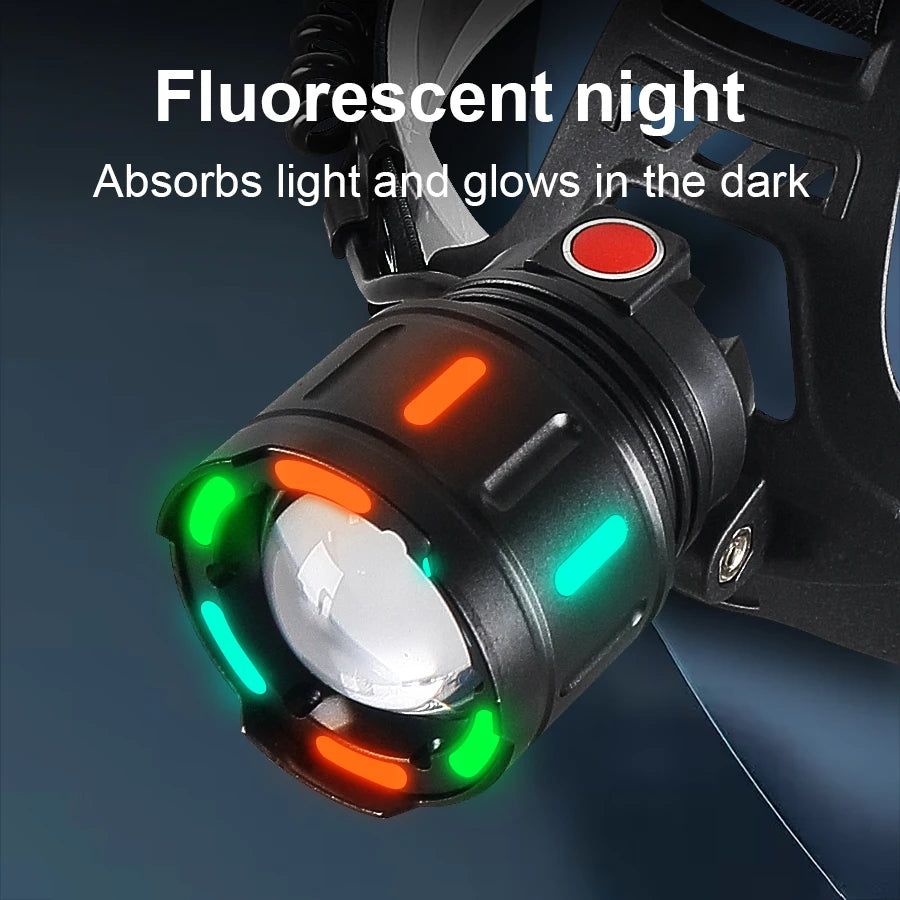 lampe frontale rechargeable led noire ipx6 zoom modes lumière pêche travail randonnée
