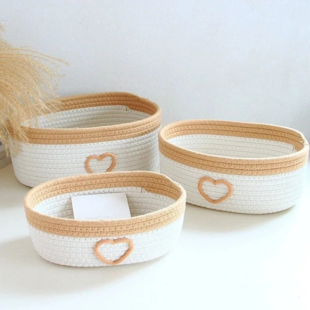panier rangement corde coton tissée motif coeur blanc gris beige décoratif