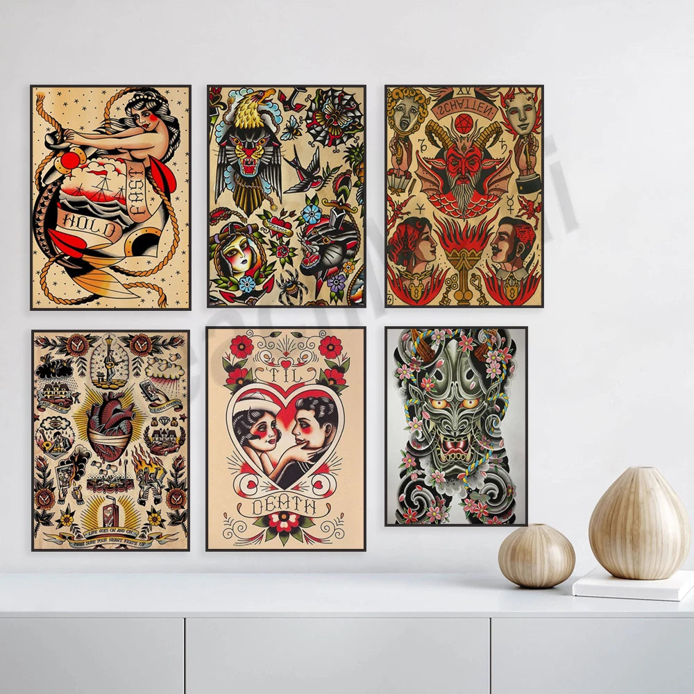 Une collection d'illustrations artistiques au style tatouage vintage, comprenant des motifs et des personnages mythiques.