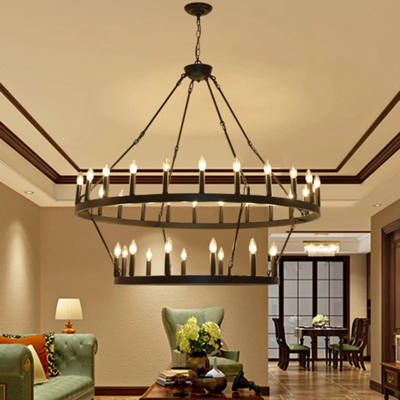 lustre moderne rustique noir multiple branches 20 ampoules E12 chaines suspension salon salle manger