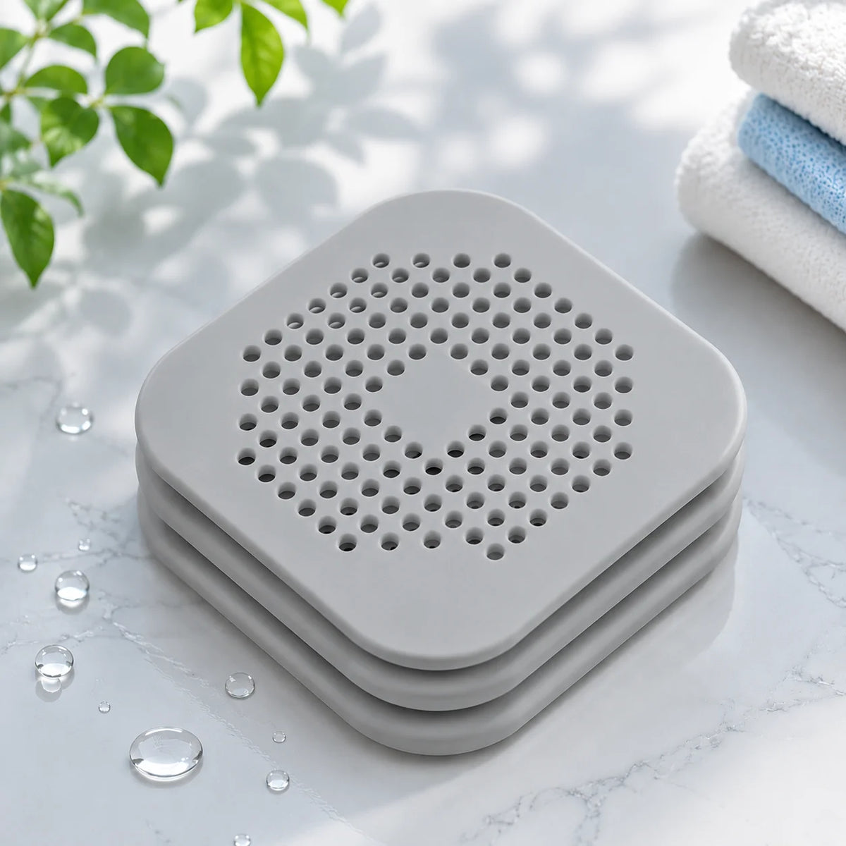 filtre bain réutilisable perforations géométriques adhésif blanc gris moderne respectueux environnement