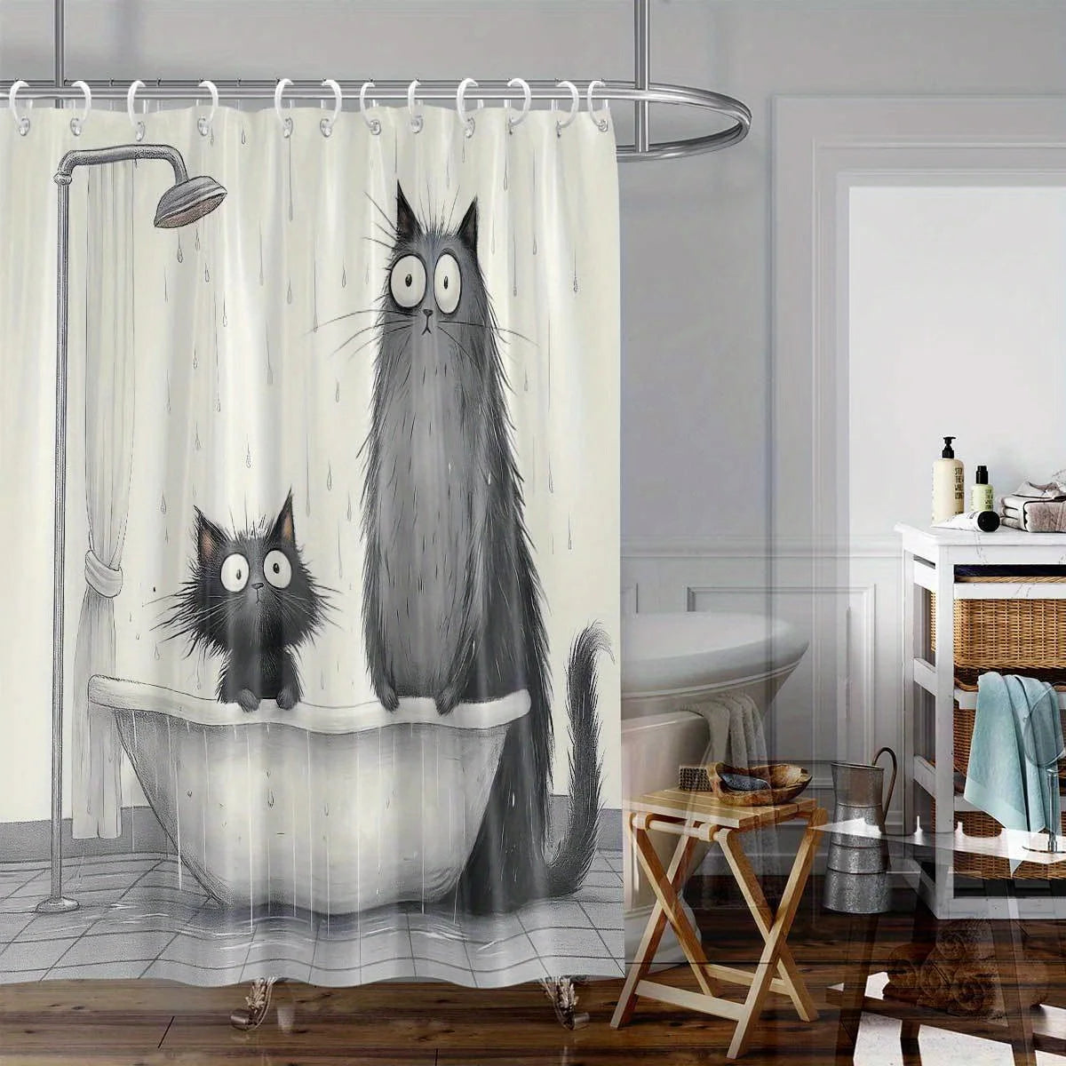 rideau douche chats baignoire illustration humoristique anneaux métalliques opacité blanc gris noir