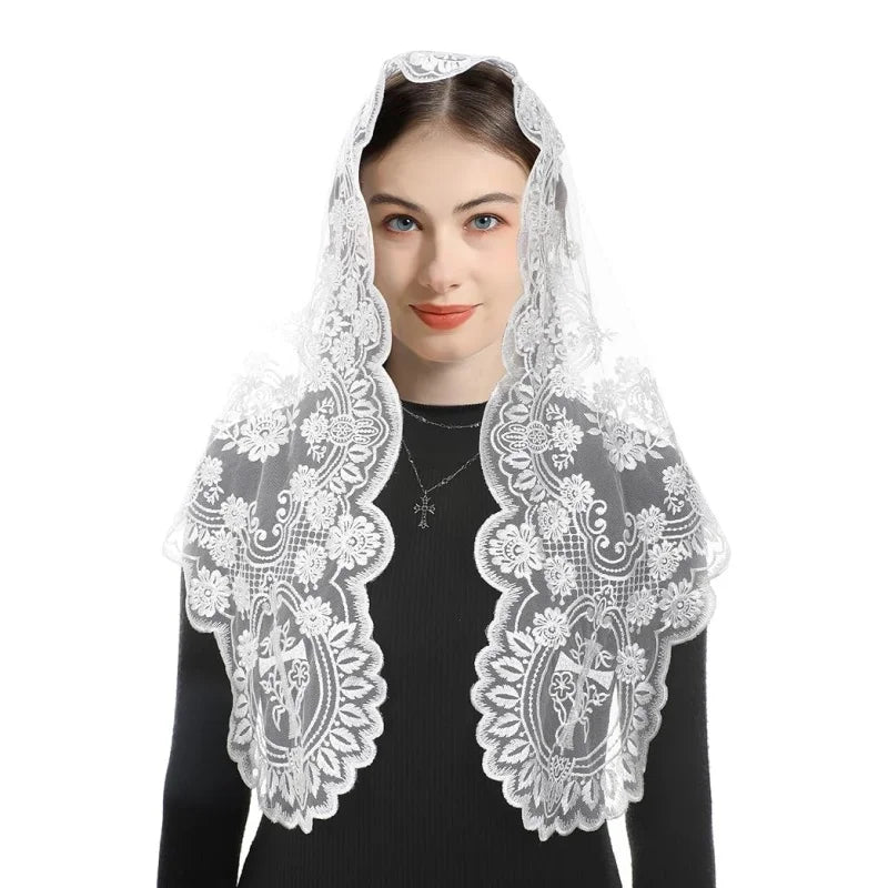 voile tête religieux voile mariée dentelle motif floral vierge marie cœur percé transparent traditionnel