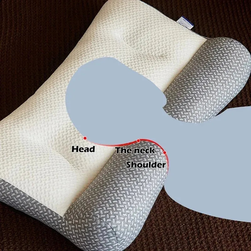 oreiller cervical ergonomique gris blanc texture tissée moderne contour arrondi fixations
