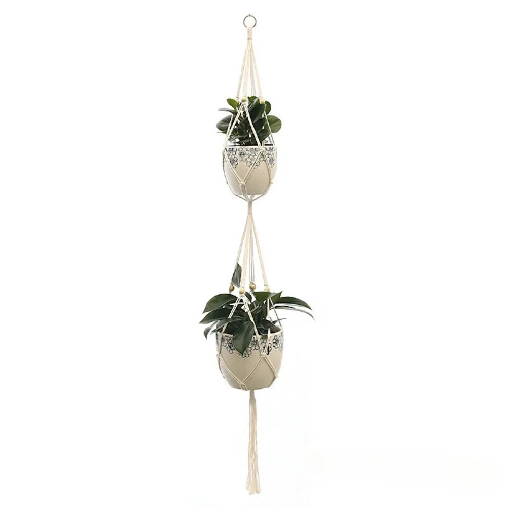 panier suspendu boho chic tissé motifs floraux jaune clair crochets métalliques deux cordons suspension