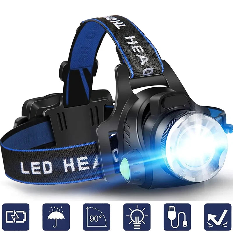 lampe frontale led rechargeable batterie 18650 noir bleu bandes ajustables haute luminosité camping outdoor