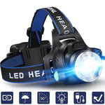 lampe frontale led rechargeable batterie 18650 noir bleu bandes ajustables haute luminosité camping outdoor