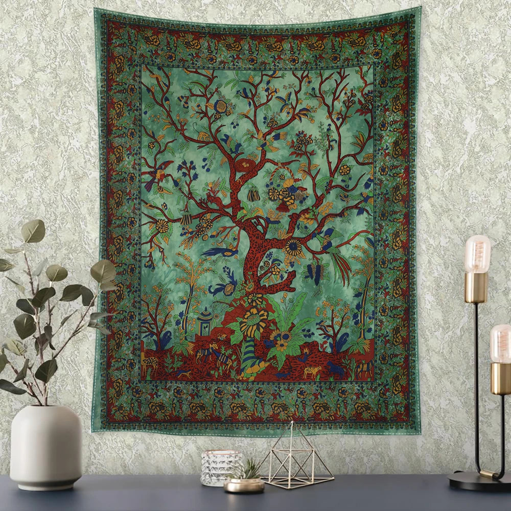 tapisserie murale rétro arbres oiseaux fleurs verte rouge bleue artisanale salon décoration maison