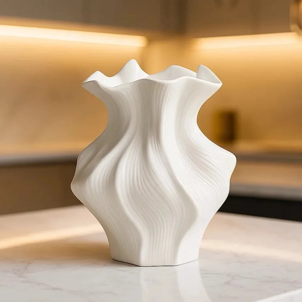 vase decoratif moderne porcelaine blanc ondulé texturé salon chambre coucher