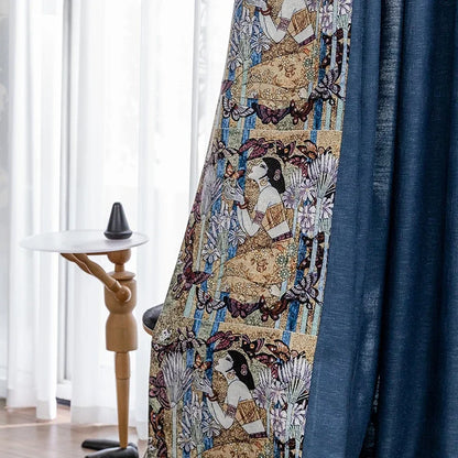Rideau avec motif artistique représentant une femme entourée de papillons et de fleurs, évoquant un style classique et élégant, idéal pour ajouter une touche culturelle et sophistiquée à votre intérieur. Parfait pour un salon ou une chambre, ce rideau combine esthétisme et fonctionnalité, filtrant la lumière tout en embellissant votre espace de vie.