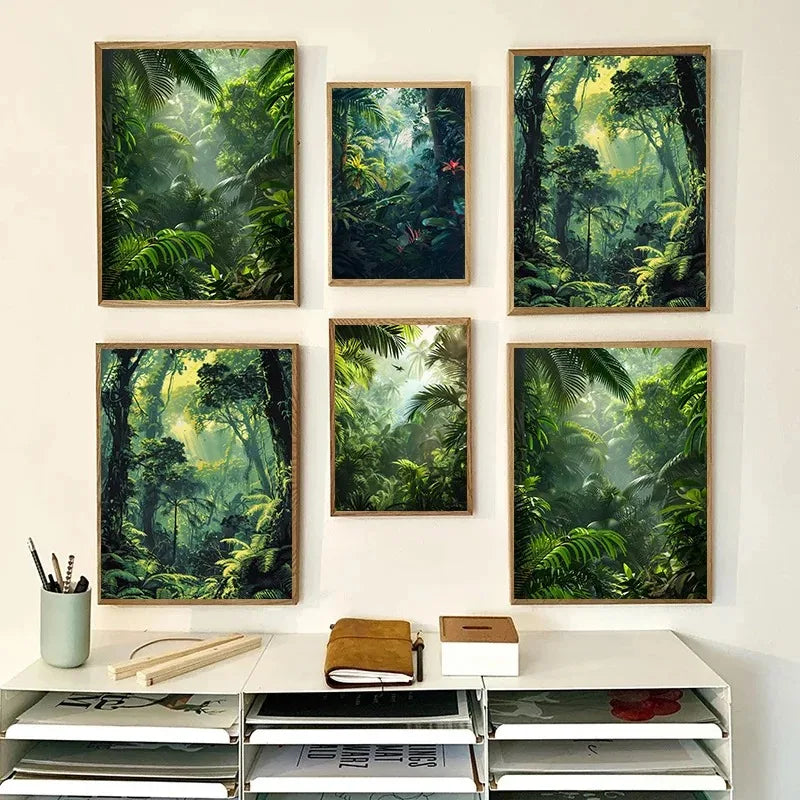 toile d'art forêt tropicale moderne sans cadre vert blanc gris chambre vertical